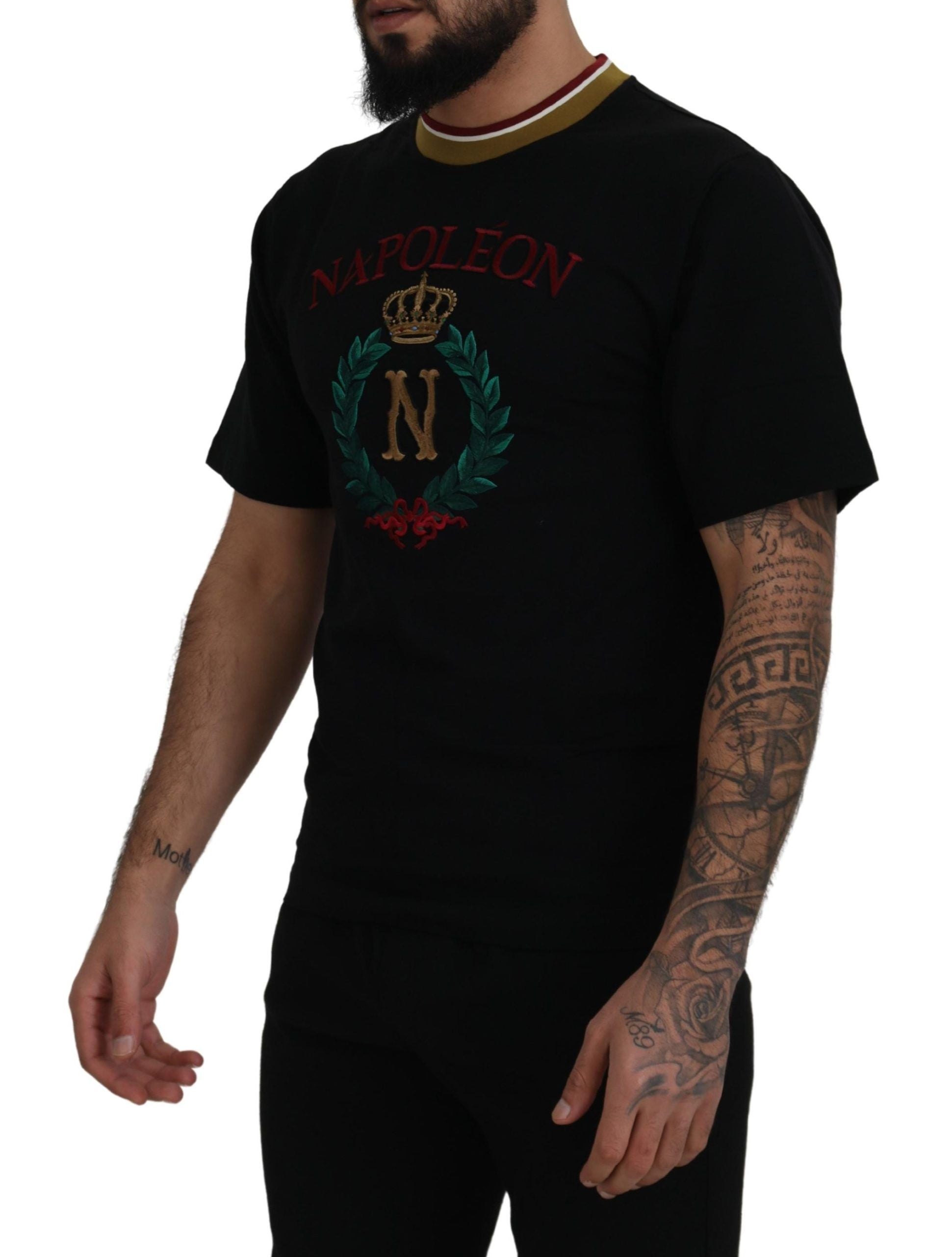 Dolce & Gabbana Schwarzes T-Shirt mit besticktem Rundhalsausschnitt aus Baumwolle