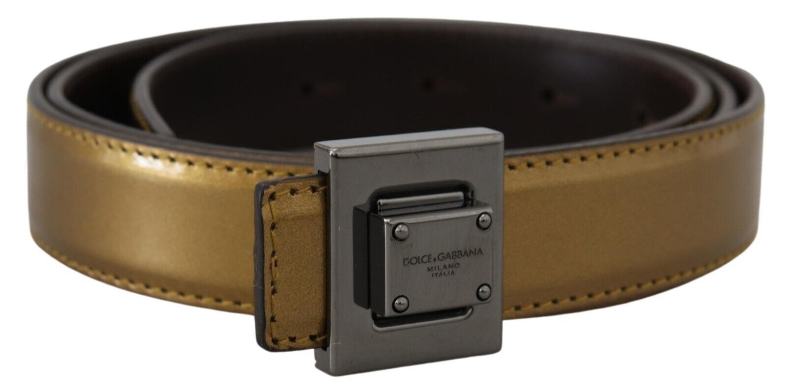 Dolce & Gabbana Gold Leder Silber Quadrat Metall Schnalle Gürtel