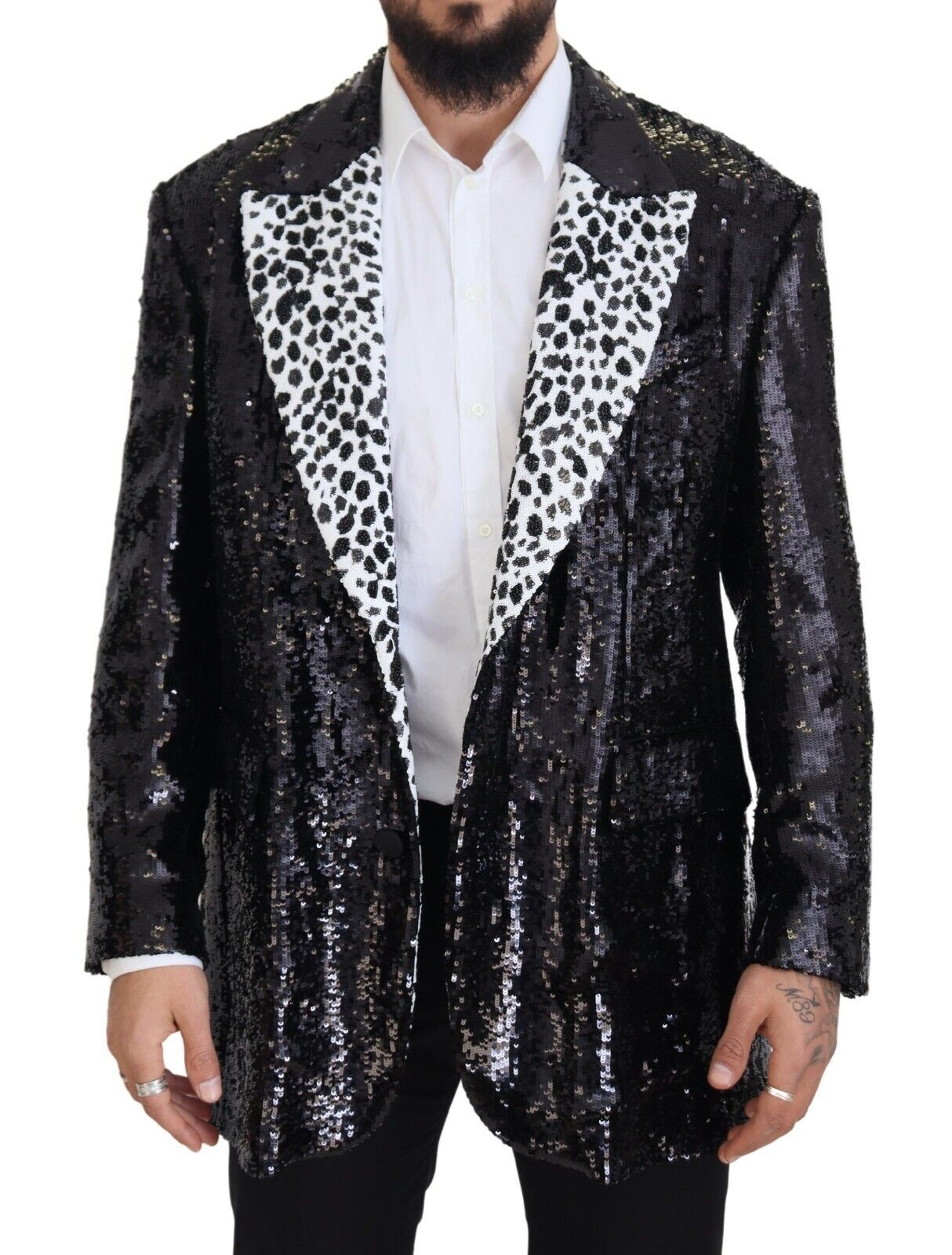 Dolce & Gabbana Schwarzer Pailletten-Blazer aus Nylon mit Kuhmuster