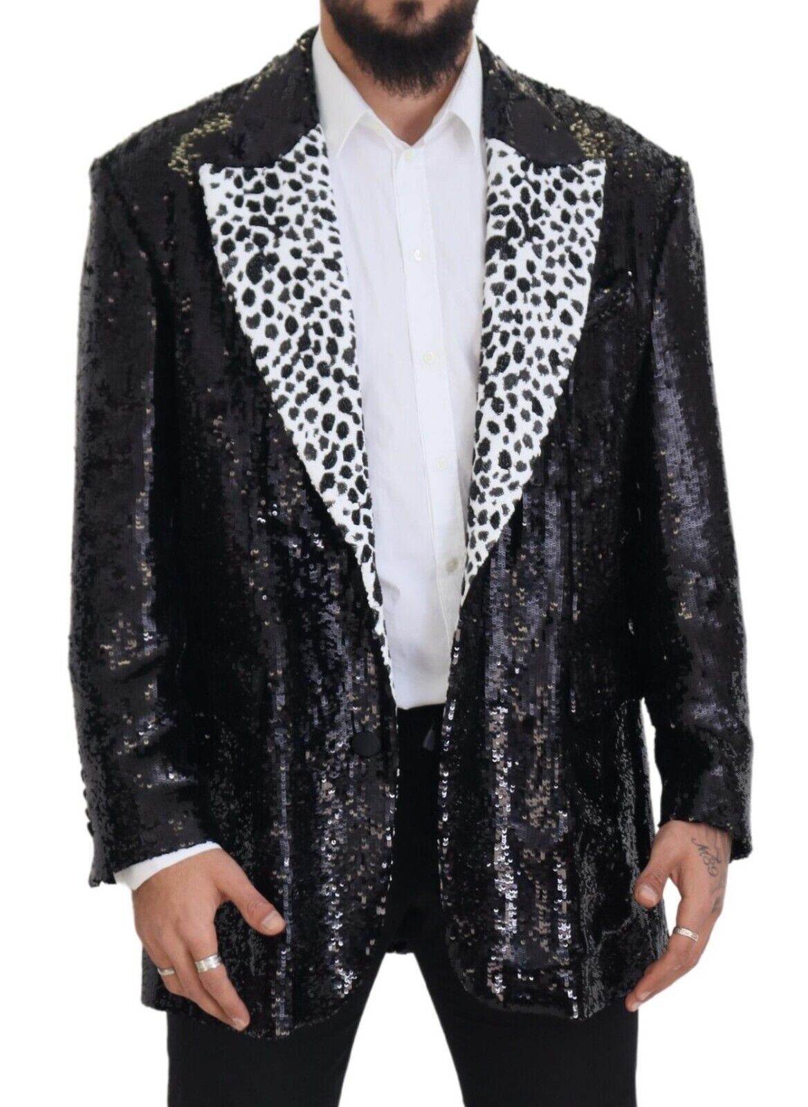 Dolce & Gabbana Schwarzer Pailletten-Blazer aus Nylon mit Kuhmuster