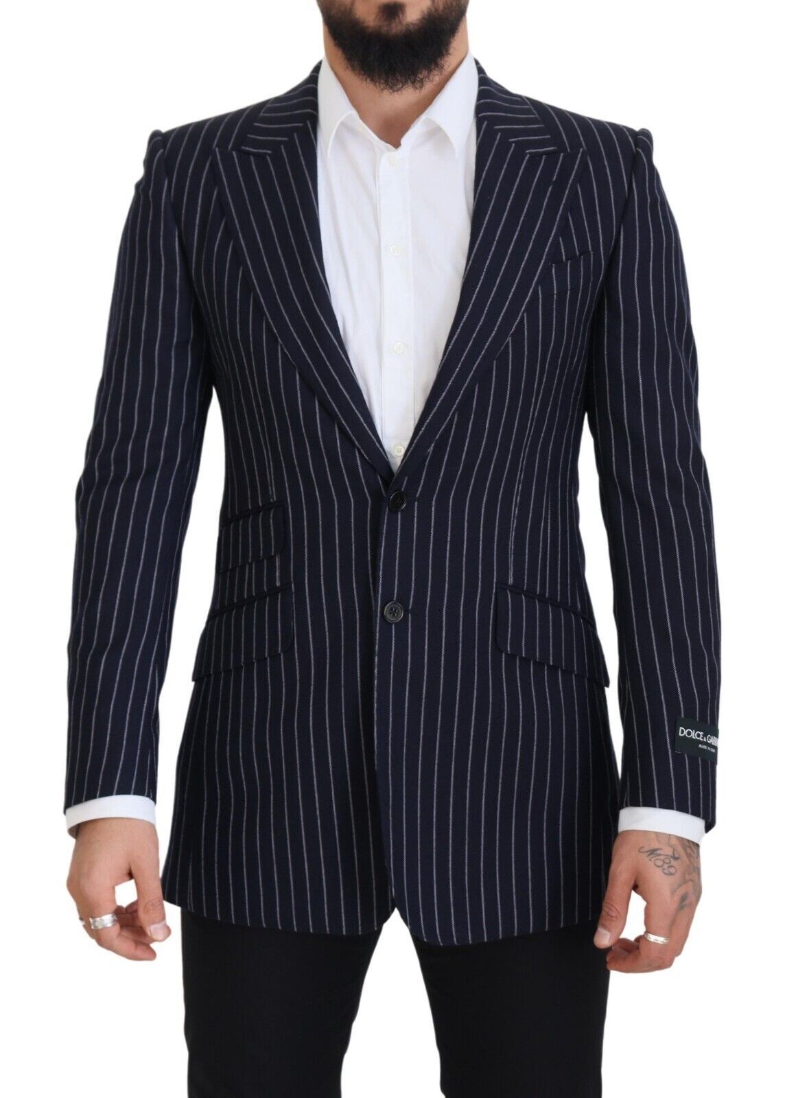 Dolce & Gabbana Dunkelblau gestreifter einreihiger Blazer aus Wolle
