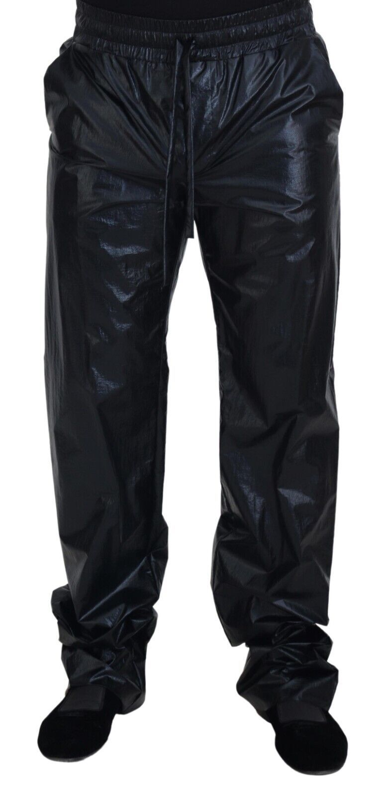 Dolce & Gabbana Schwarze glänzende Kordelzughose Nylonhose