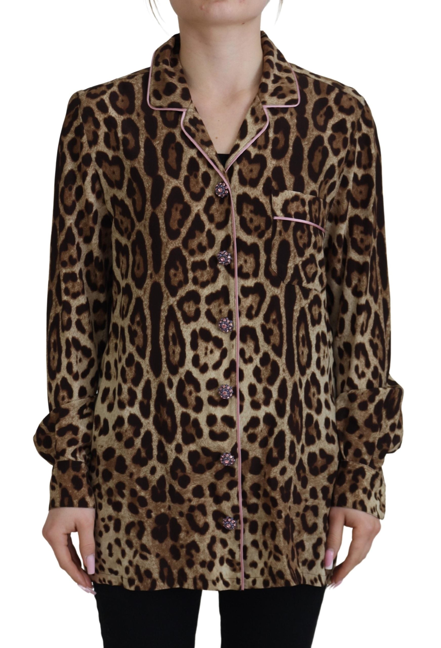 Dolce & Gabbana Braunes Leopardendruck Blusenoberteil mit langen Ärmeln