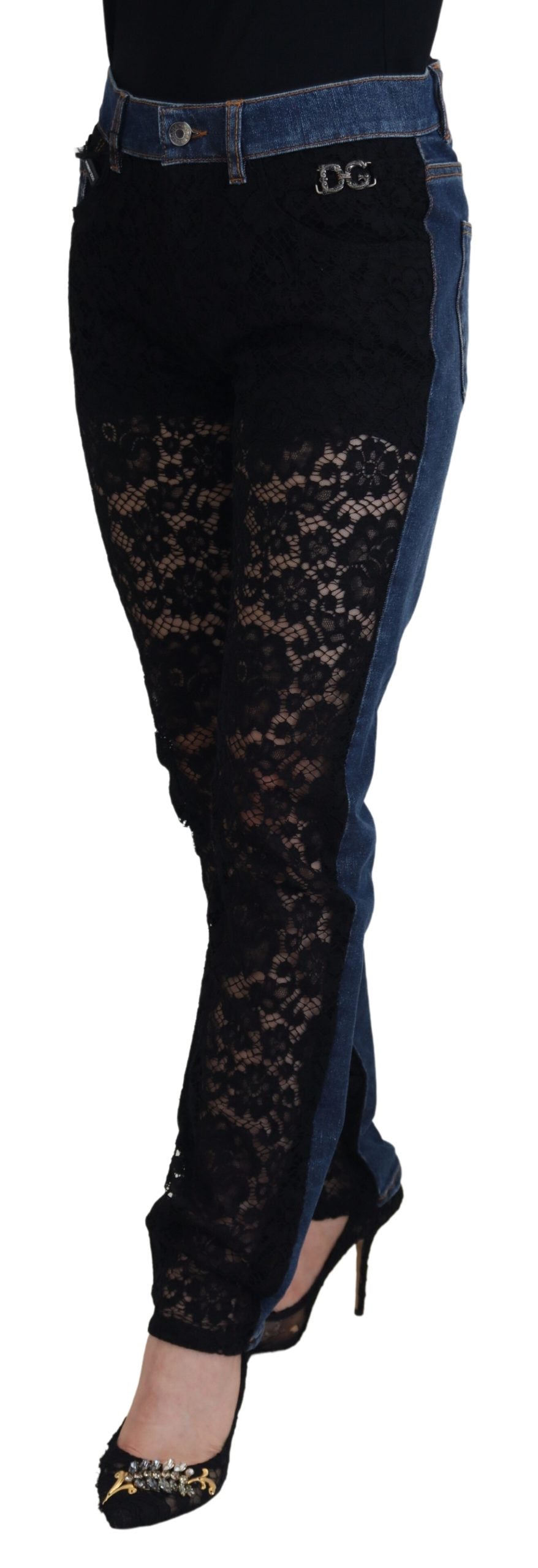 Dolce & Gabbana Schwarze florale Skinny Denim Jeans mit Spitze