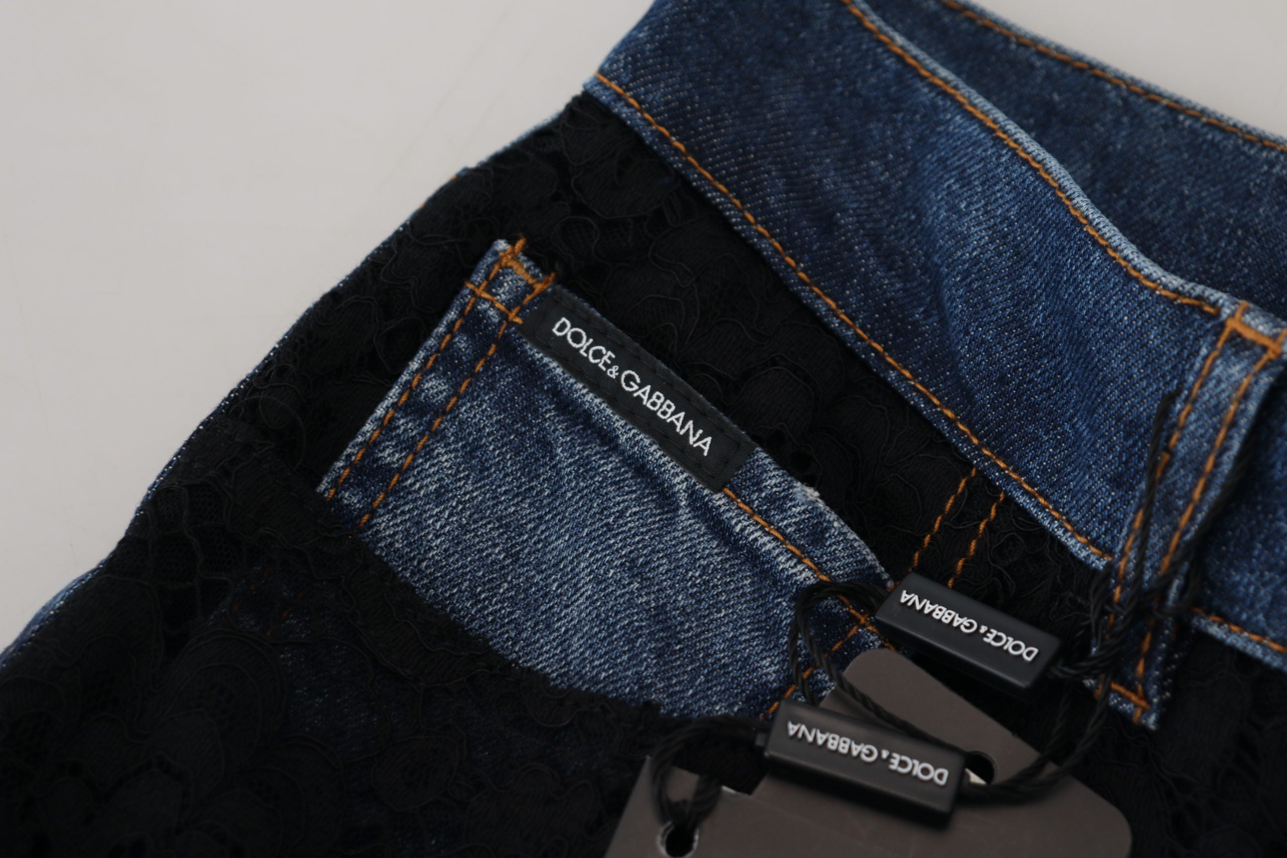 Dolce & Gabbana Schwarze florale Skinny Denim Jeans mit Spitze