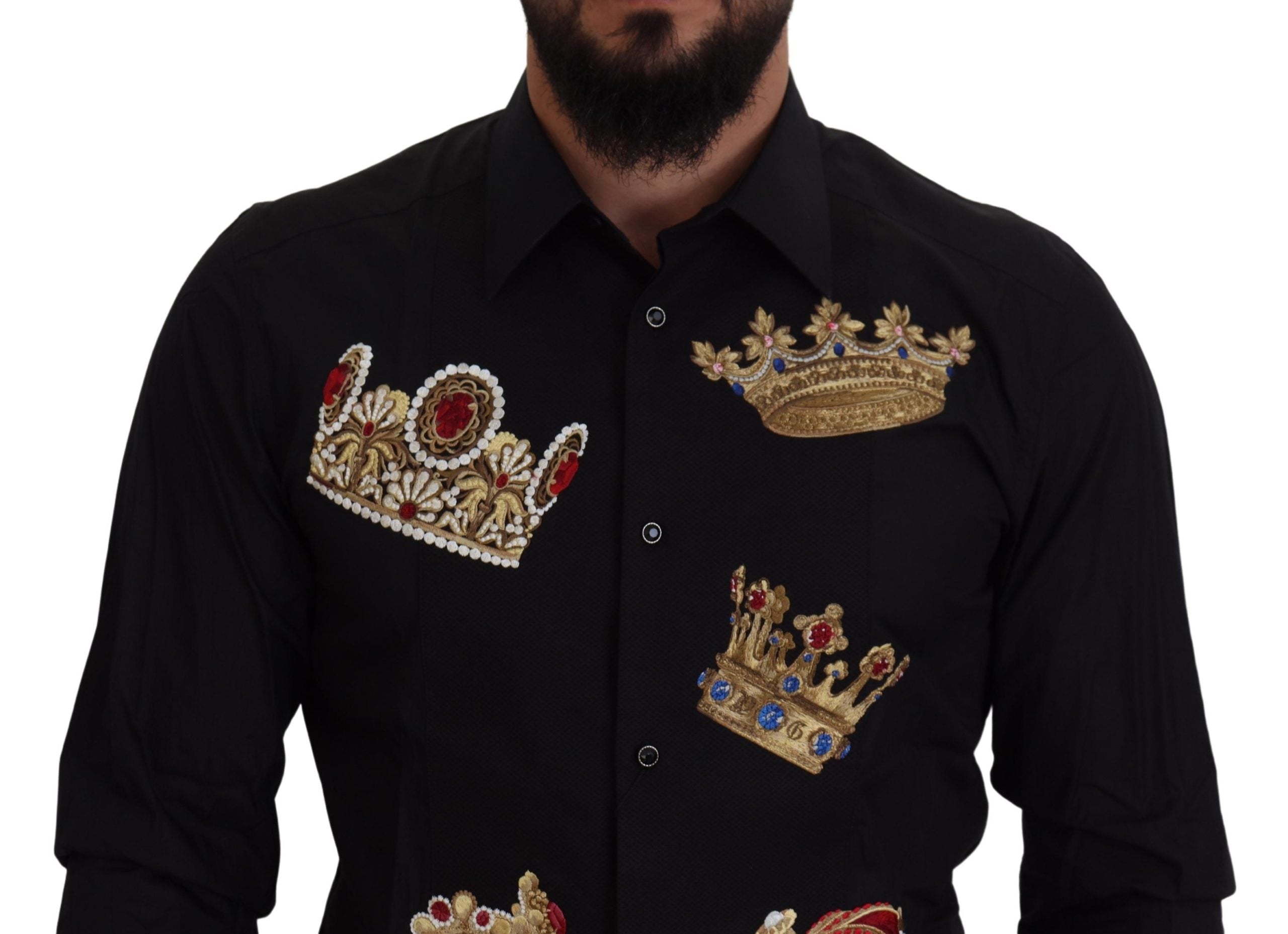 Dolce & Gabbana Schwarz-Gold-Krone Slim Fit Kleid Formales Hemd