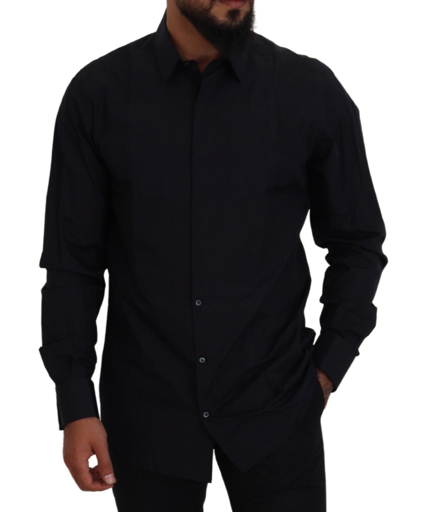 Dolce & Gabbana Schwarz Gold Baumwolle Slim Fit Kleid Herrenhemd