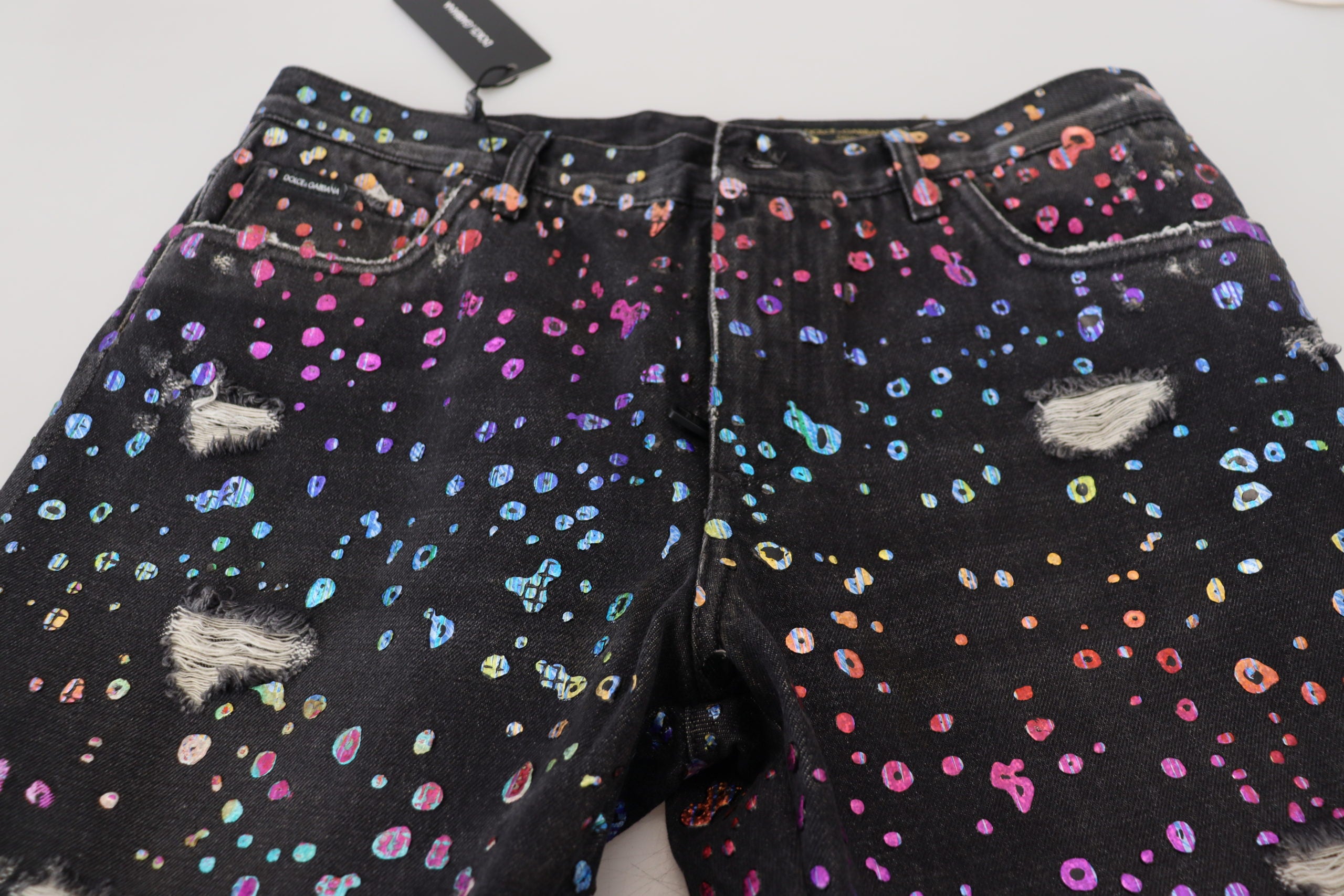 Dolce & Gabbana Schwarze Multicolor Print Zerrissene Denim Jeans