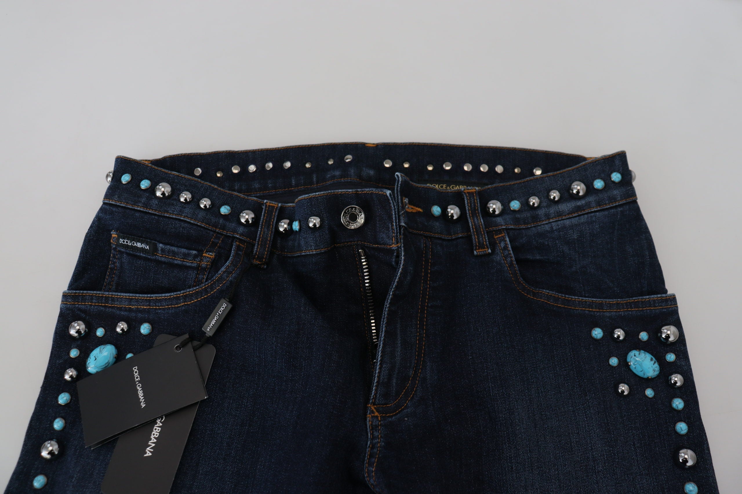 Dolce & Gabbana Blaue Baumwoll-Nieten-Denim-Jeans mit niedriger Taille