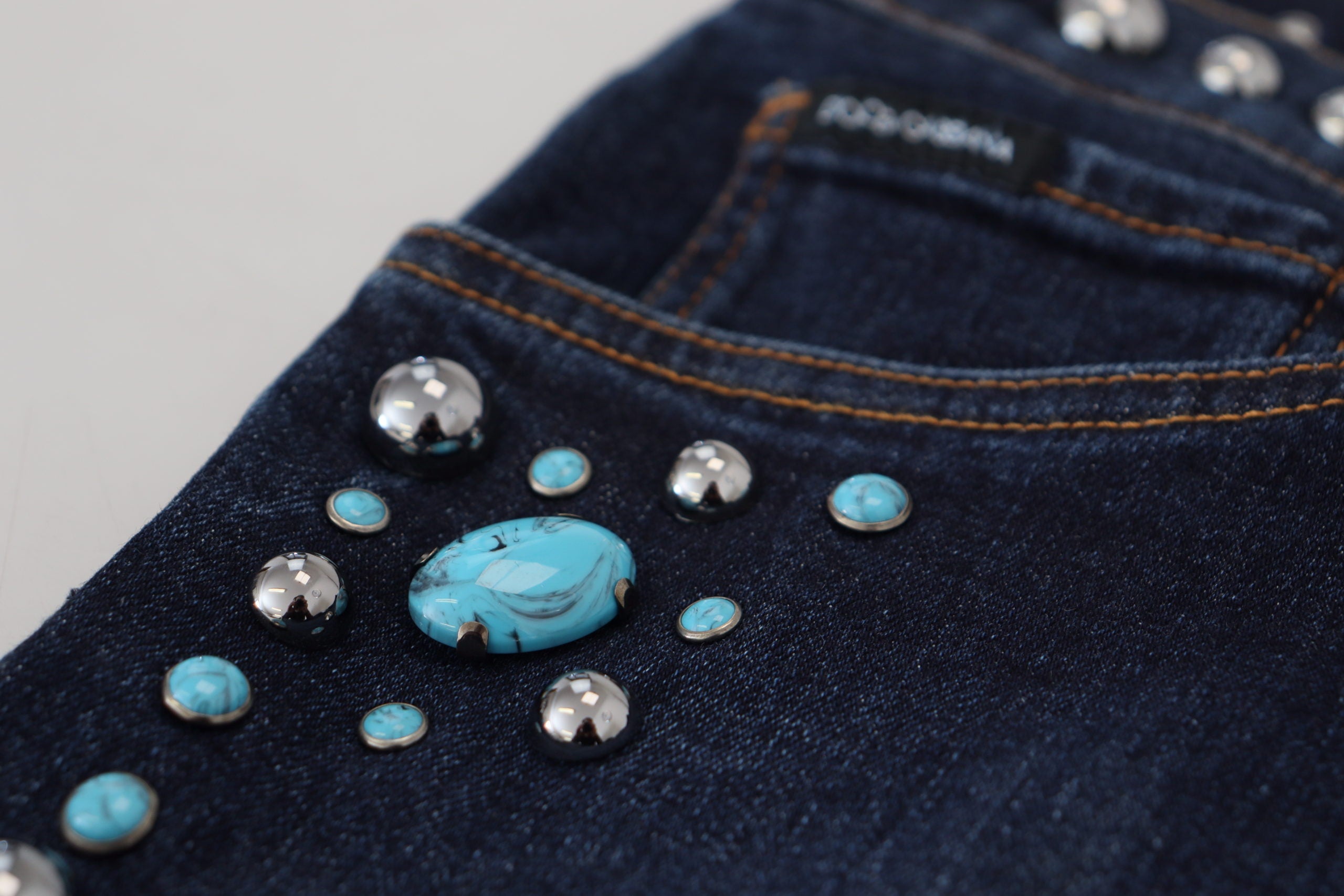 Dolce & Gabbana Blaue Baumwoll-Nieten-Denim-Jeans mit niedriger Taille