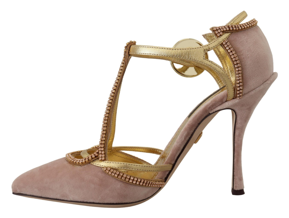 Dolce & Gabbana Rosa Kristall T-strap Heels Pumps Schuhe