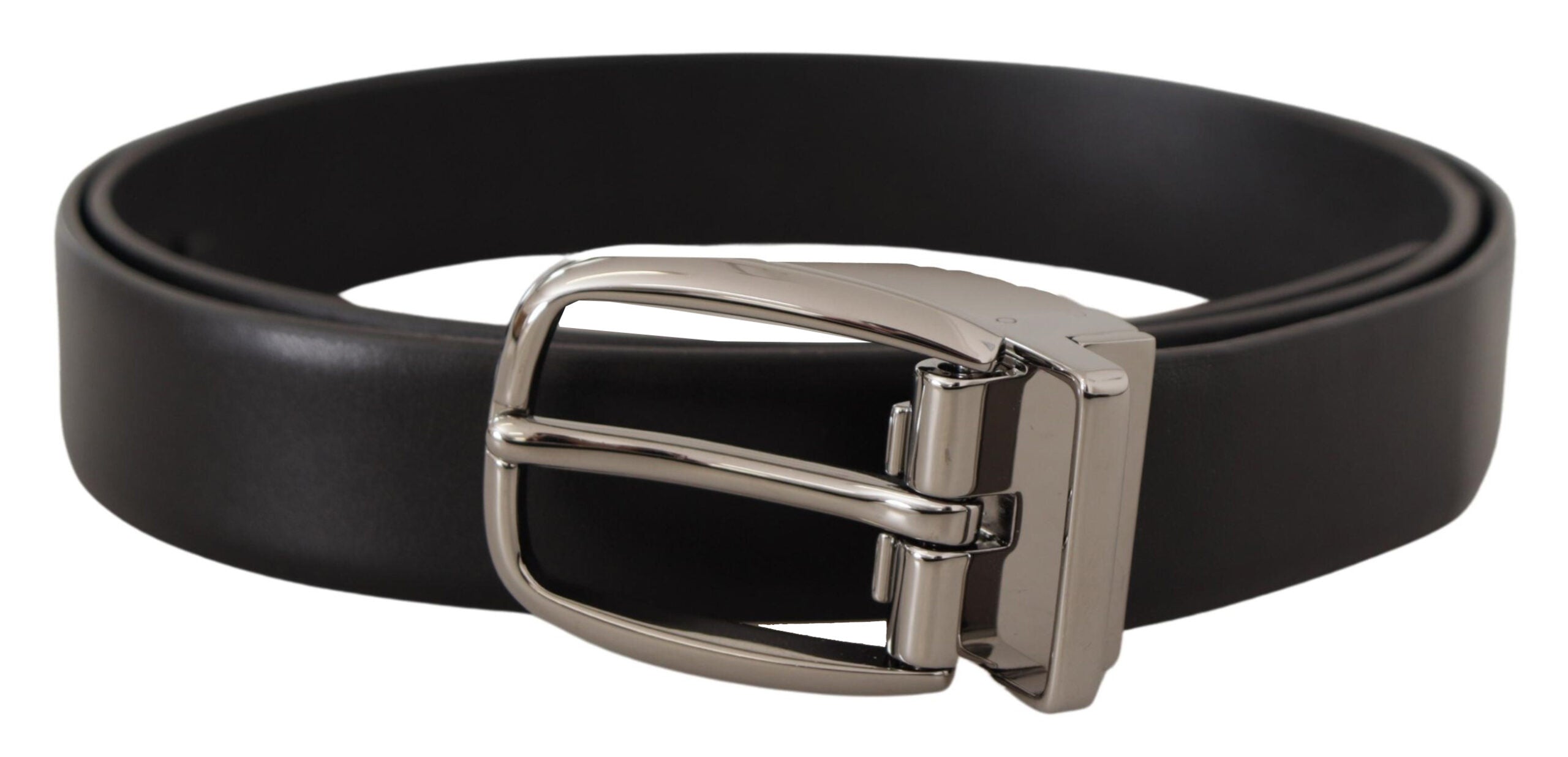 Dolce & Gabbana Schwarzes Leder Silber Metall Chrom Logo Schnalle Gürtel