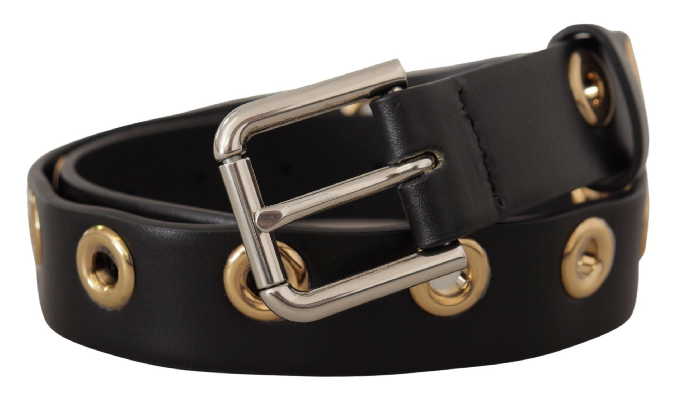 Dolce & Gabbana Schwarzer Leder Ösengürtel mit silberfarbener Metallschnalle
