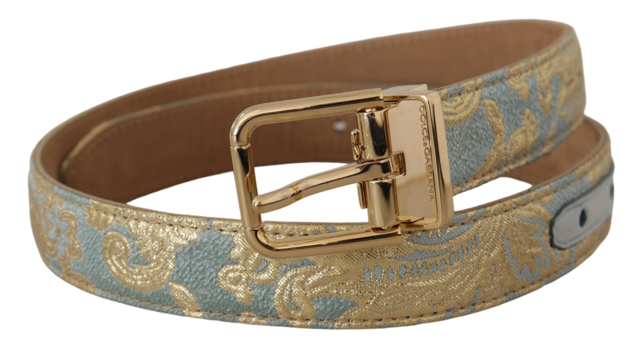 Dolce & Gabbana Blauer Leder-Jacquardgürtel mit geprägter goldener Metallschnalle