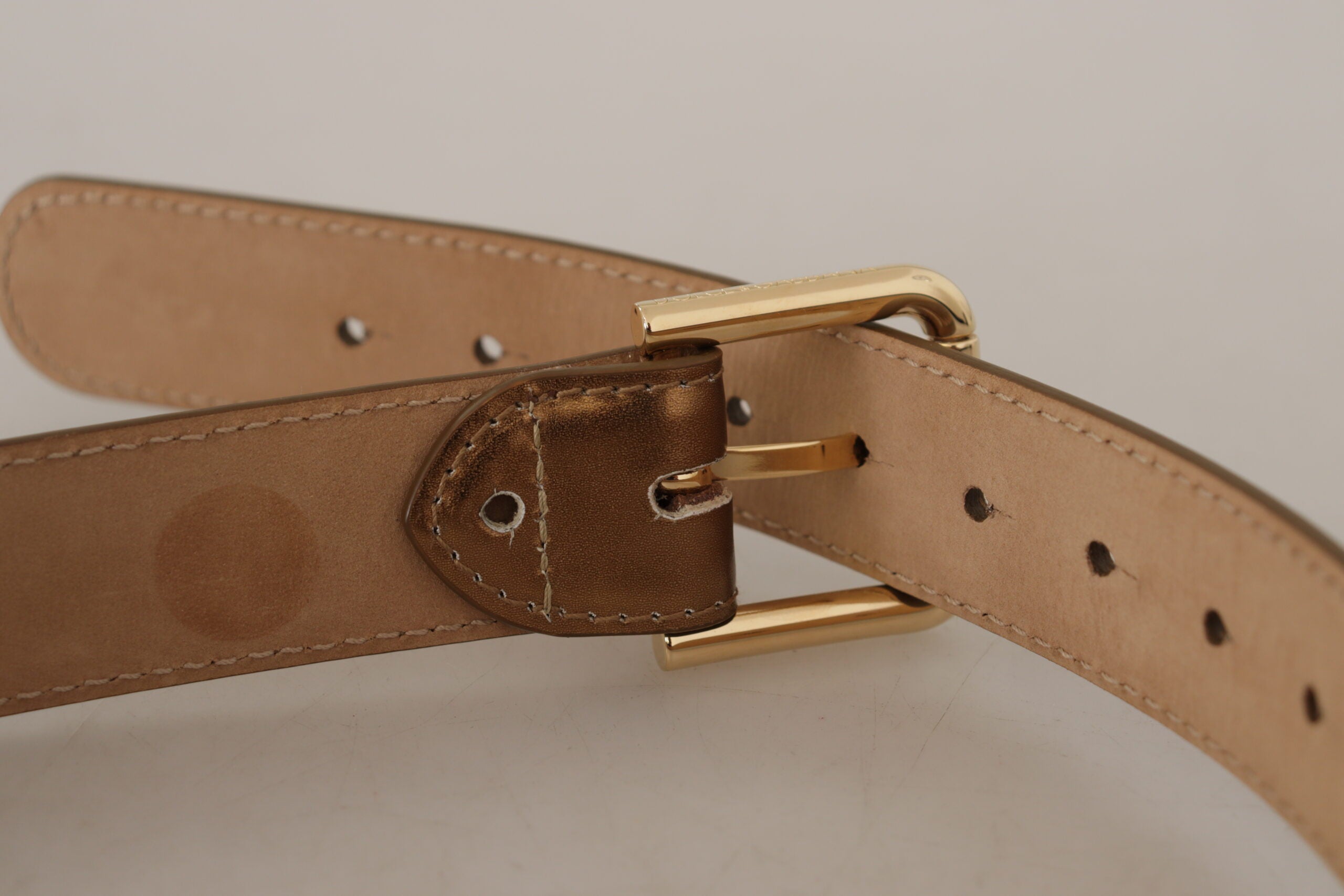 Dolce & Gabbana Bronze Leder Gold Logo graviert Gürtelschnalle