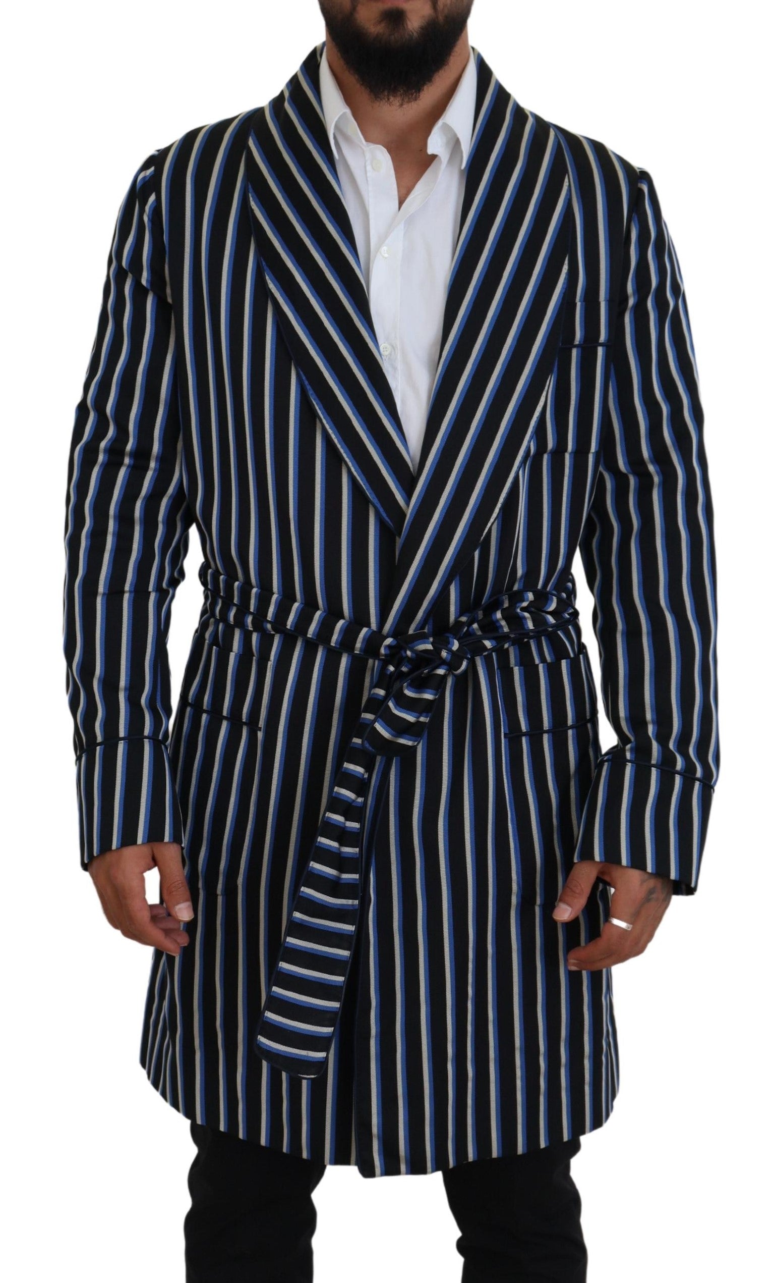 Dolce & Gabbana Schwarzblauer Martini-Bademantel mit bedrucktem Futter