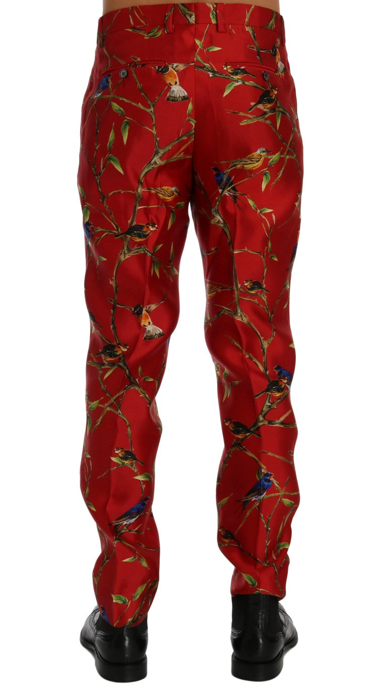 Dolce & Gabbana Rotes Seidenkleid mit Vogeldruck Hose