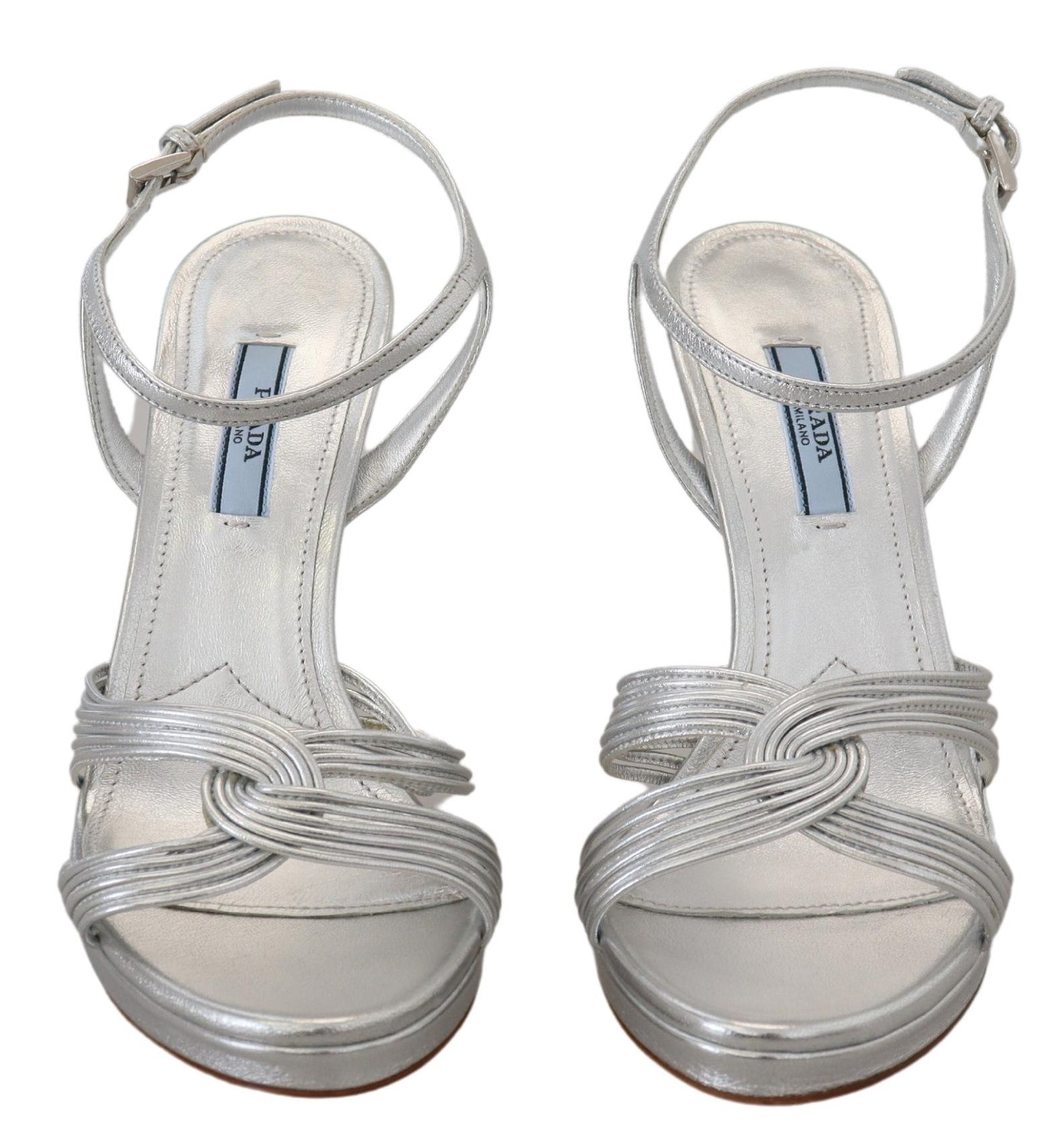 Prada Silberne Leder-Sandalen Knöchelriemen-Absätze Stiletto