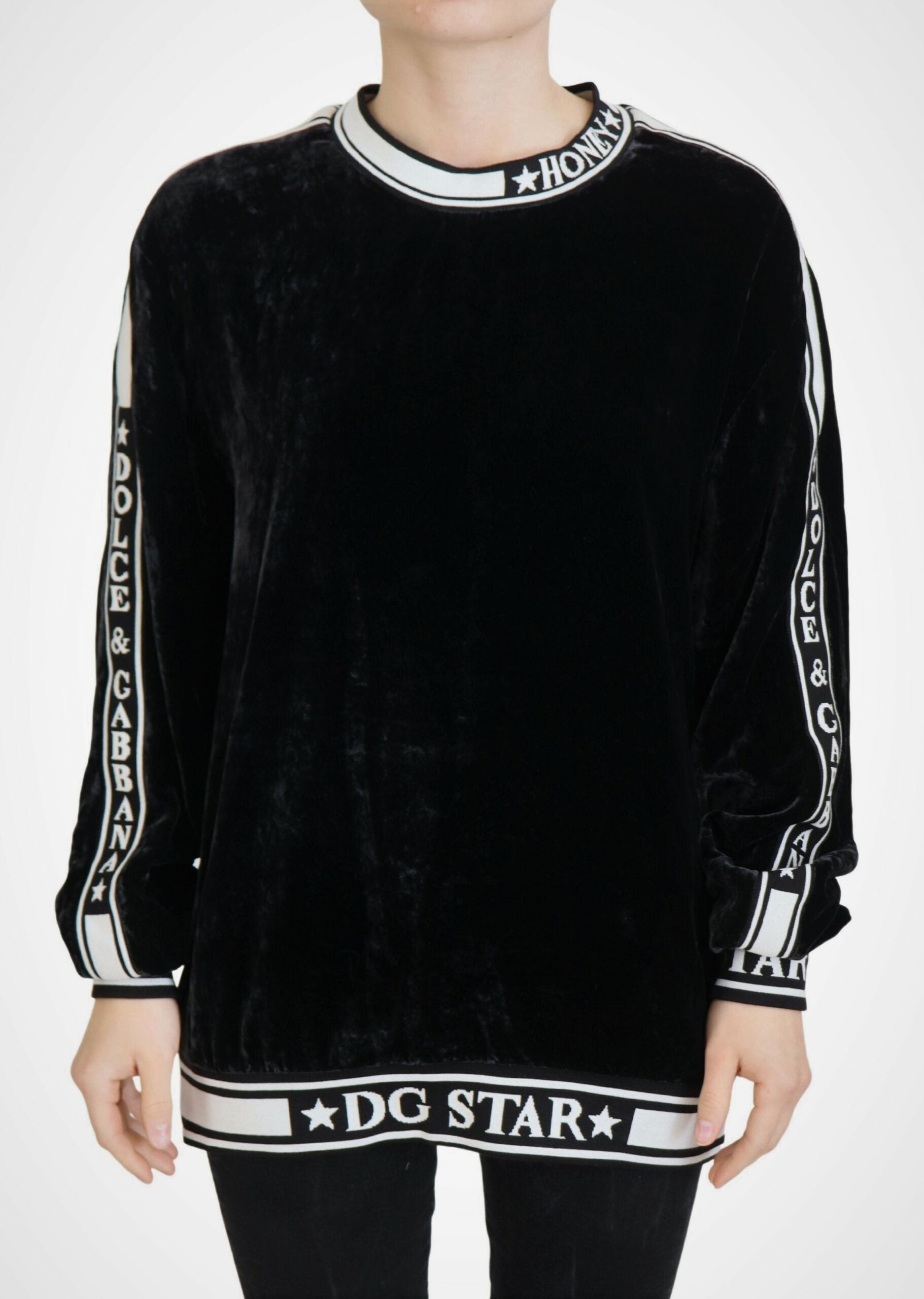 Dolce & Gabbana Schwarzer Pullover mit Rundhalsausschnitt aus Samt