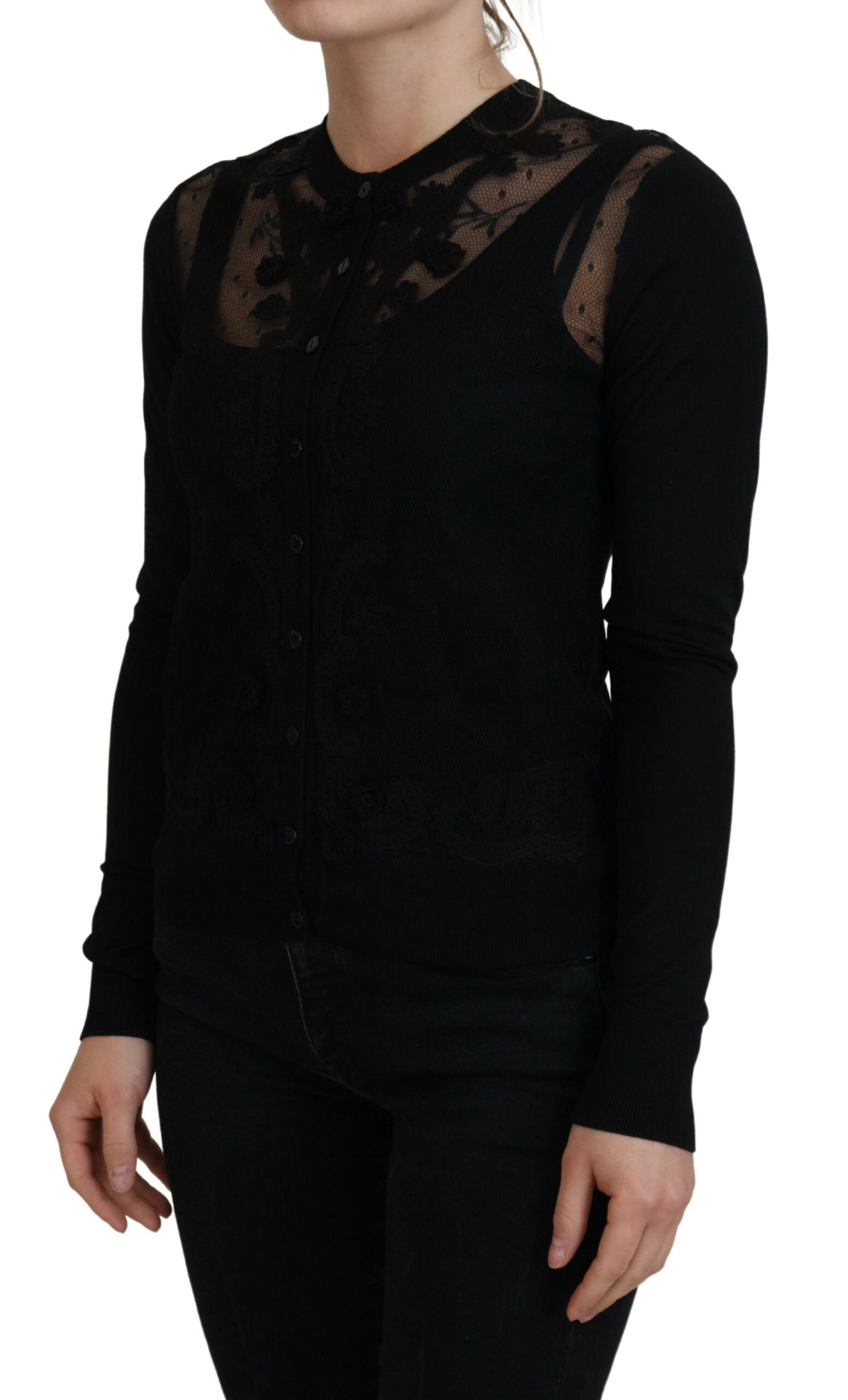 Dolce & Gabbana Schwarzer Strickpullover mit floraler Spitze und Knopfleiste