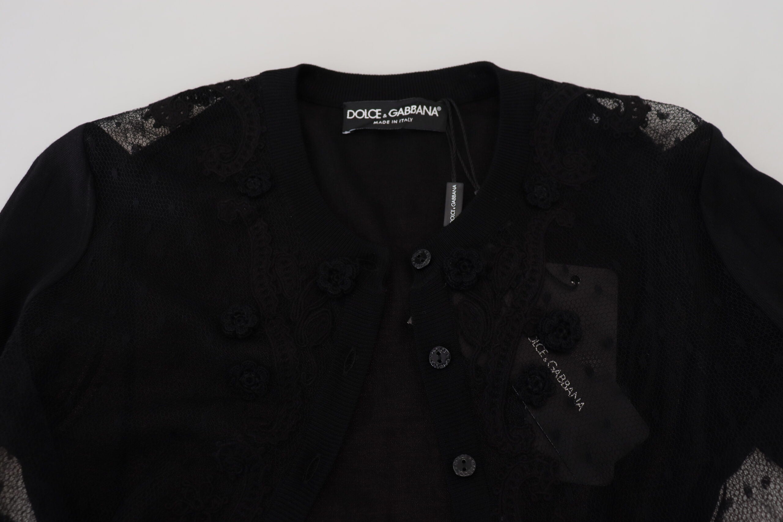 Dolce & Gabbana Schwarzer Strickpullover mit floraler Spitze und Knopfleiste
