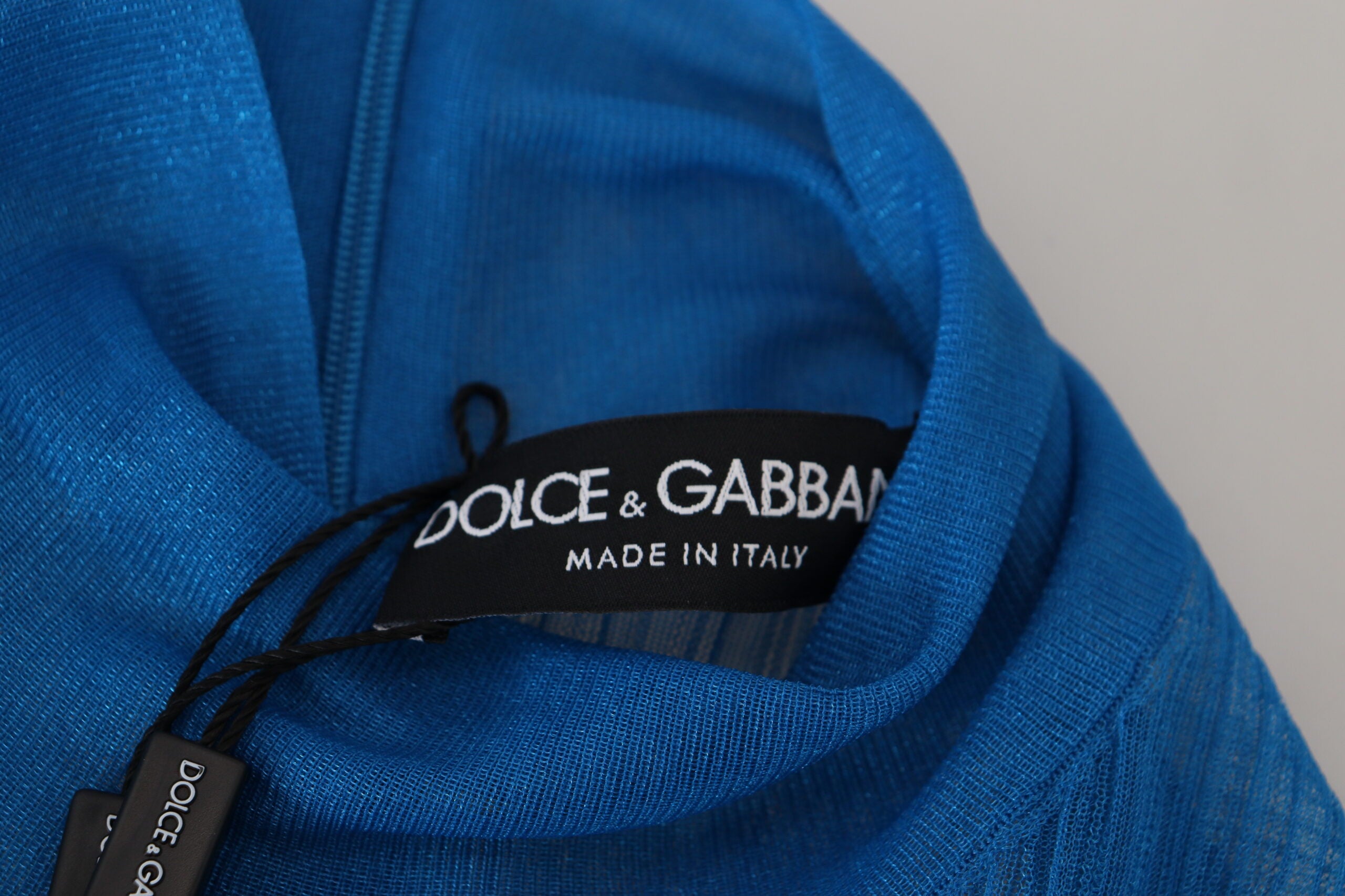 Dolce & Gabbana Blaues Netz-Rollkragen-Langarmblusen-Top