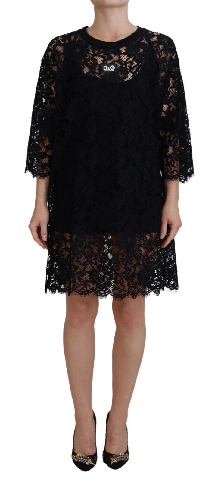 Dolce & Gabbana Schwarzes Shift-Minikleid aus Baumwolle mit floraler Spitze