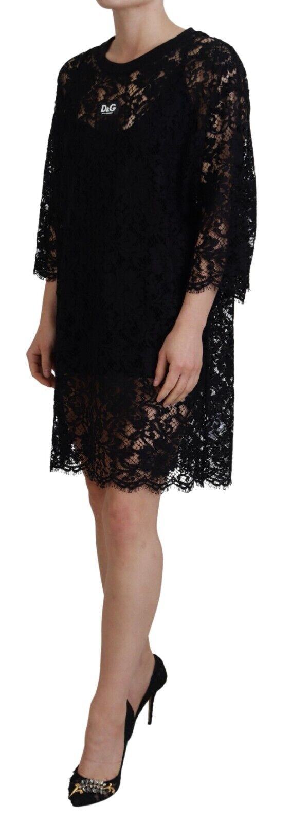 Dolce & Gabbana Schwarzes Shift-Minikleid aus Baumwolle mit floraler Spitze