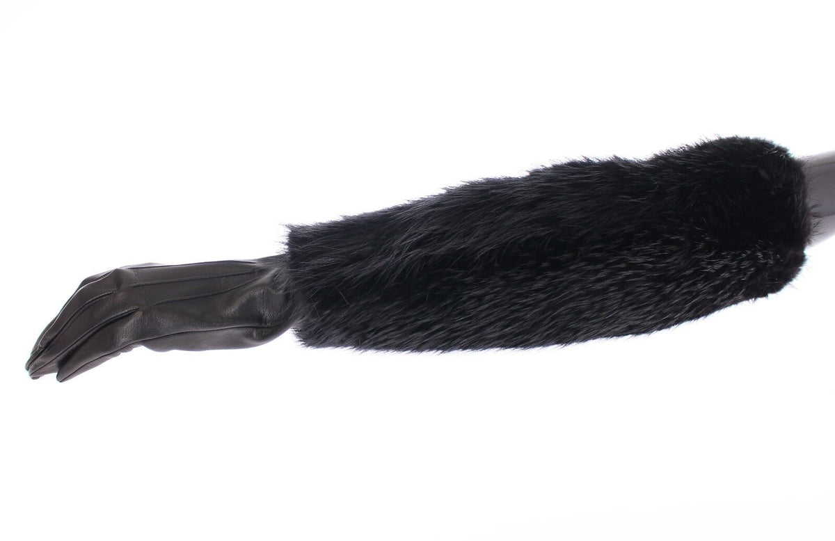 Dolce & Gabbana Schwarze Biberpelz-Lammfell-Leder-Ellbogenhandschuhe