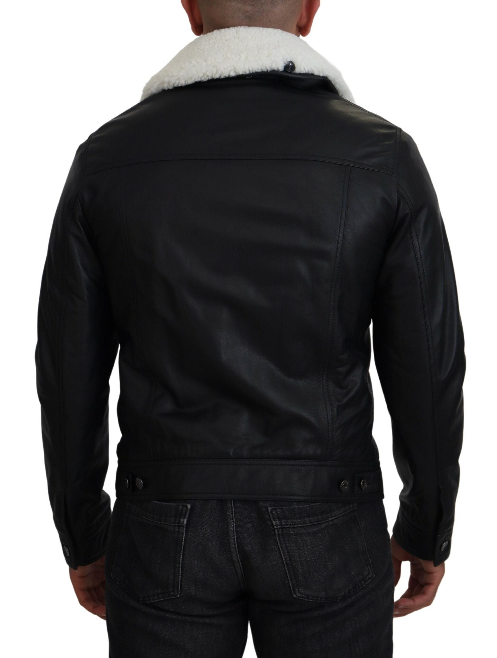 Dolce & Gabbana Schwarzes Lammleder mit Kragen Herrenmantel Jacke