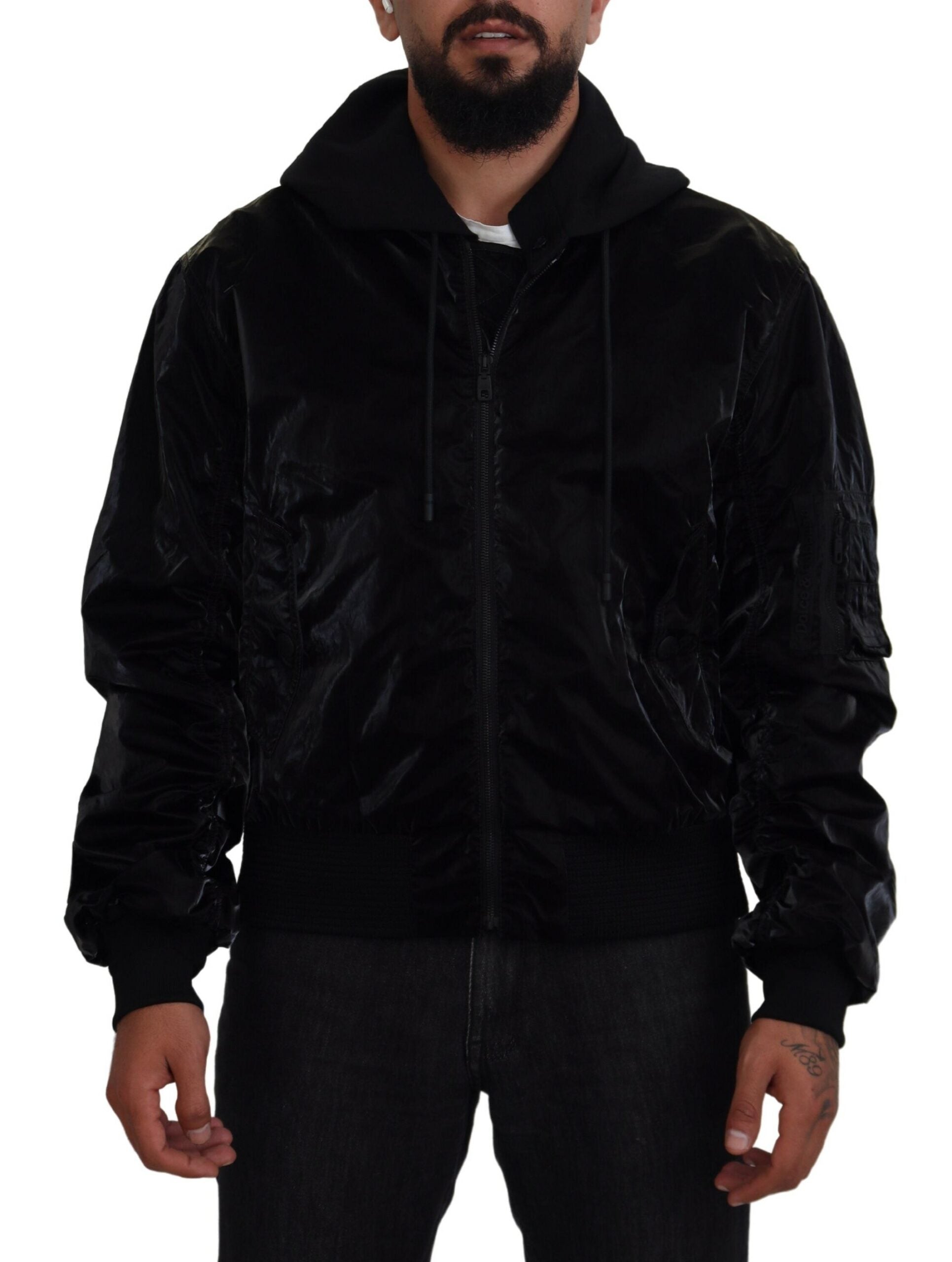 Dolce & Gabbana Schwarze Nylon Bomberjacke mit Kapuze und Reißverschluss