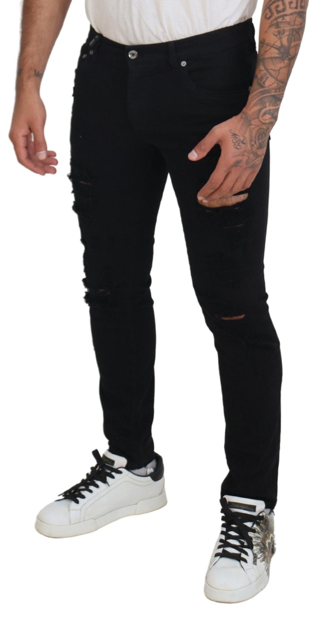 Dolce & Gabbana Schwarze Slim Fit Tattered Denim Baumwolljeans