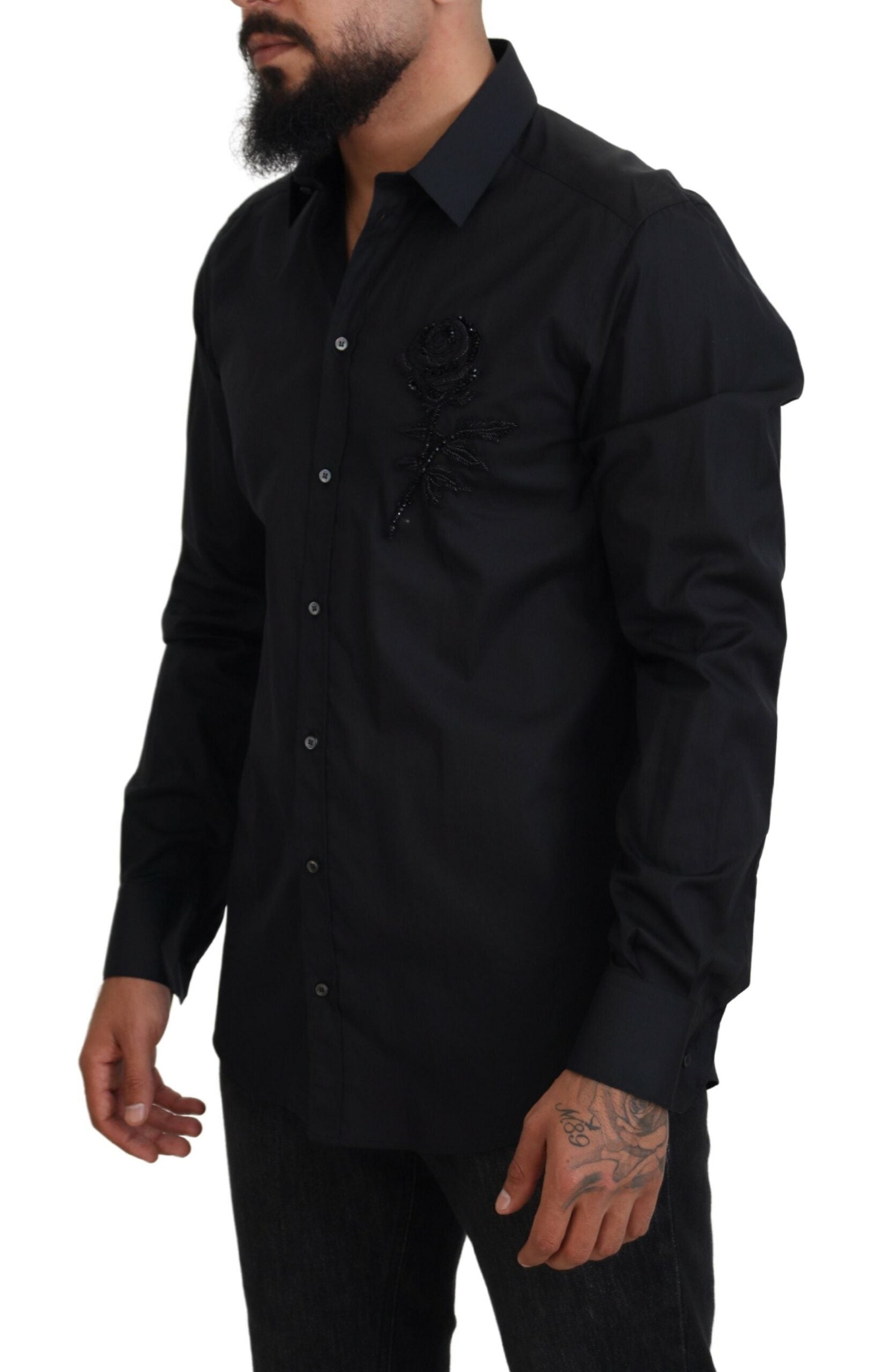 Dolce & Gabbana Schwarzes Rosen Slim Fit Baumwollhemd