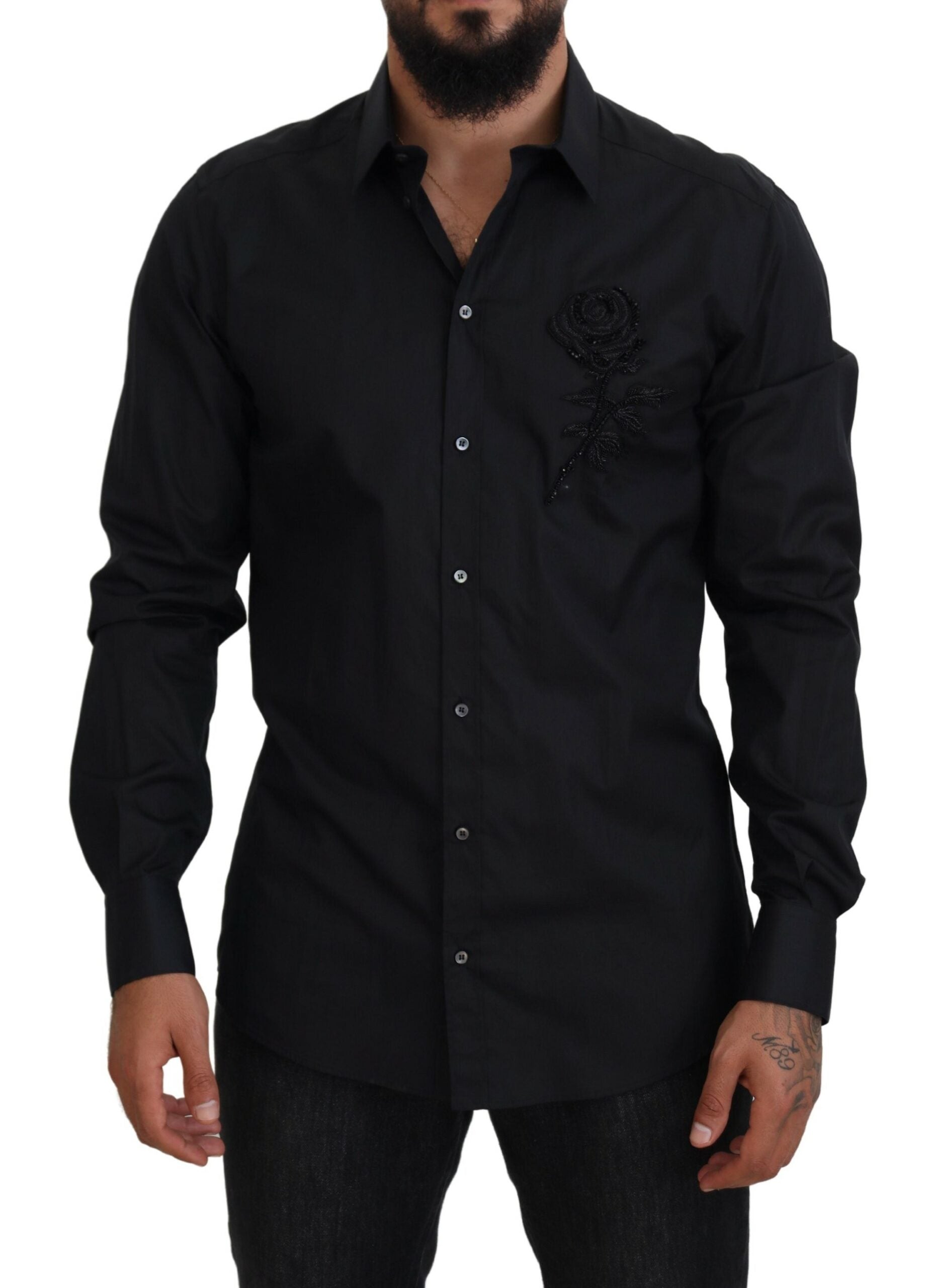 Dolce & Gabbana Schwarzes Rosen Slim Fit Baumwollhemd