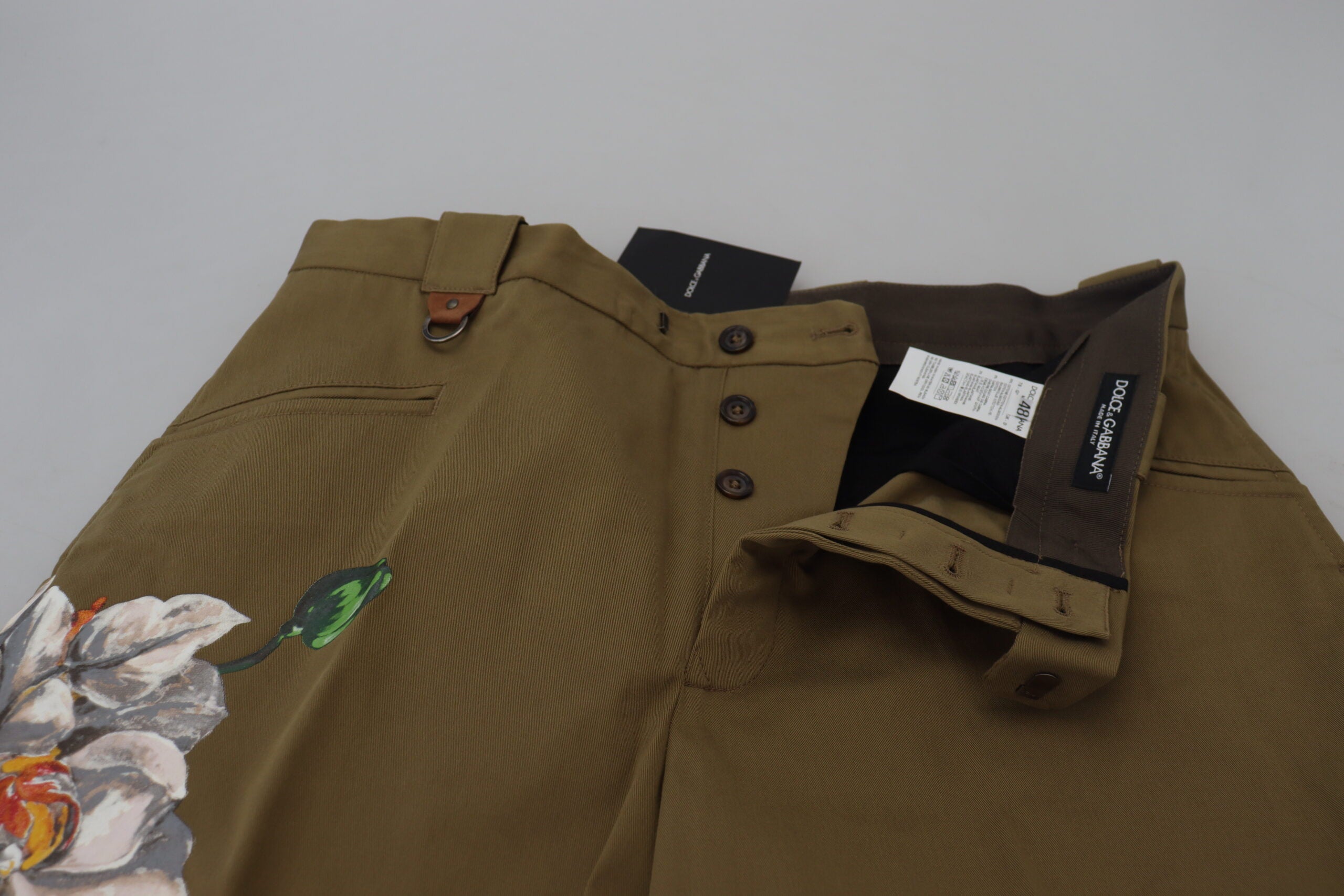 Dolce & Gabbana Beigefarbene Stretch-Chinohose aus Baumwolle mit Blumenmuster