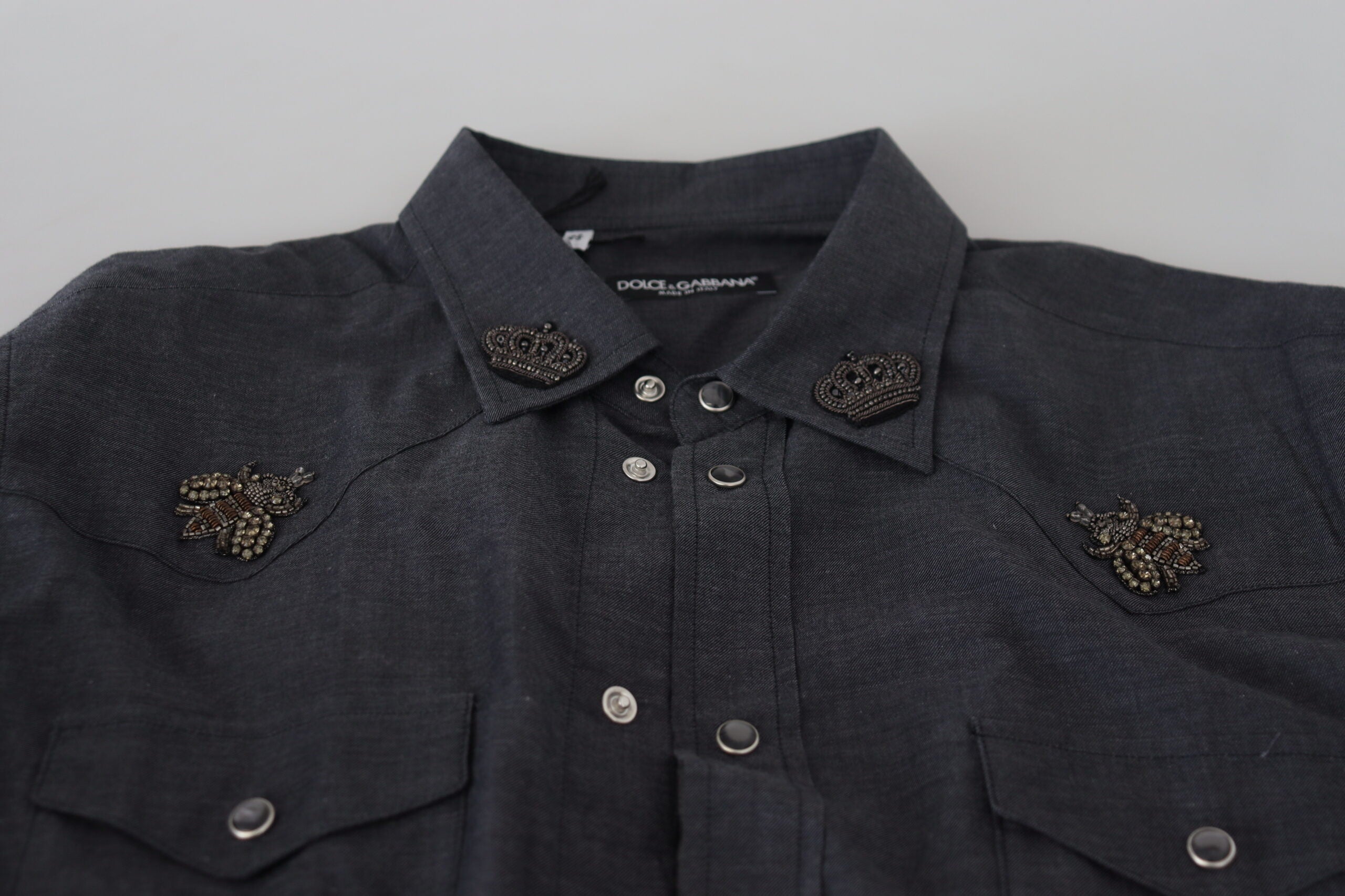 Dolce & Gabbana Blaues Baumwoll-Denim-Kristallbienenhemd