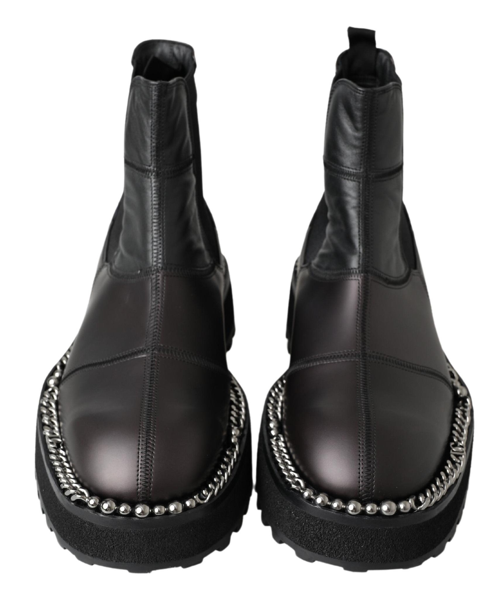Dolce & Gabbana Schwarze Leder-Slipper mit Stretch-Stiefeln