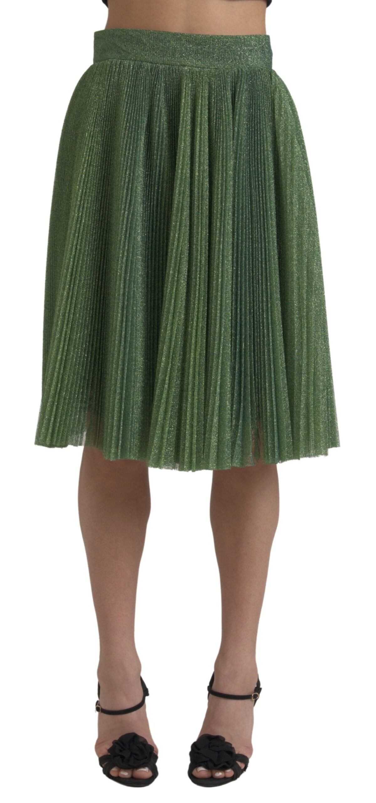 Dolce & Gabbana Grüner Metallic-Faltenrock mit hoher Taille und Faltenwurf