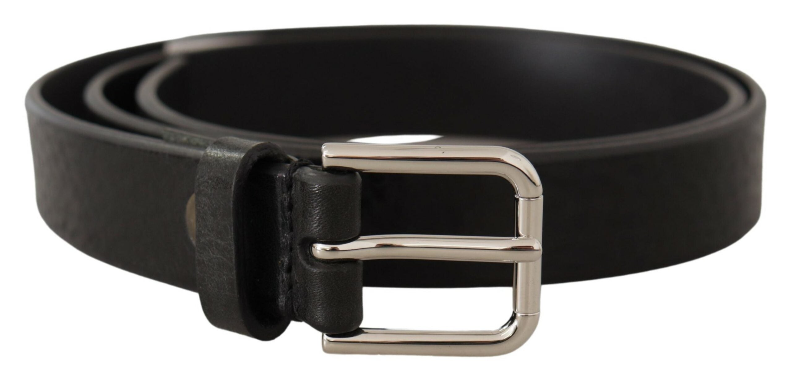 Dolce & Gabbana Schwarzes Kalbsleder Silberfarbenes Logo Metallschnalle Gürtel