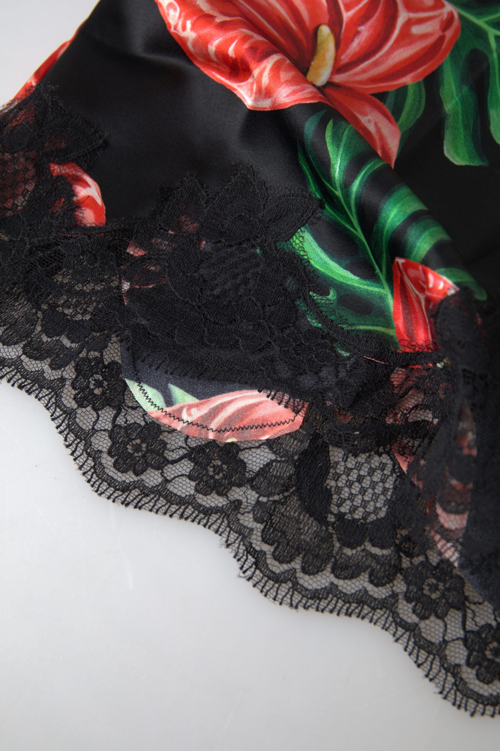 Dolce & Gabbana Schwarzes Seiden-Camisole-Top mit Anthurienprint Unterwäsche