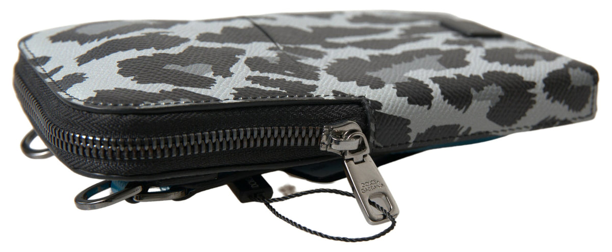 Dolce & Gabbana Grauer Leopard Leder Männer Geldbörse Crossbody Sling Telefon Tasche