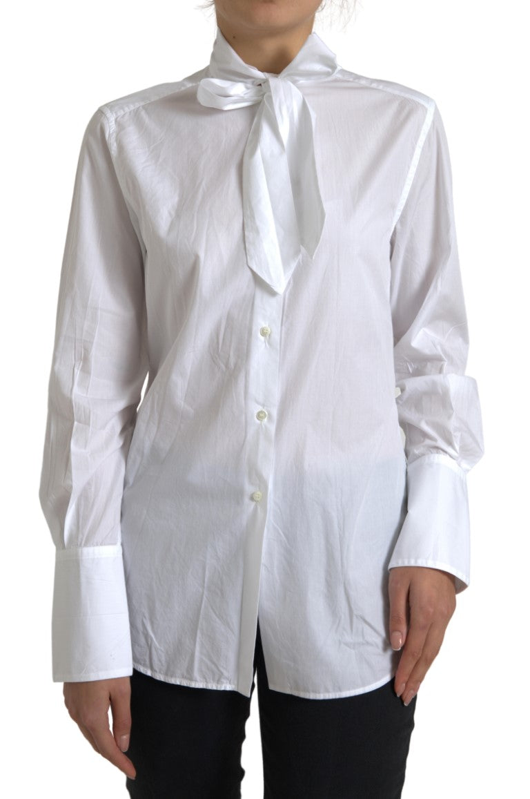 Dolce & Gabbana Weißes Baumwoll-Top mit Ascot-Kragen und langen Ärmeln