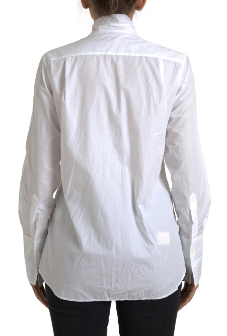 Dolce & Gabbana Weißes Baumwoll-Top mit Ascot-Kragen und langen Ärmeln