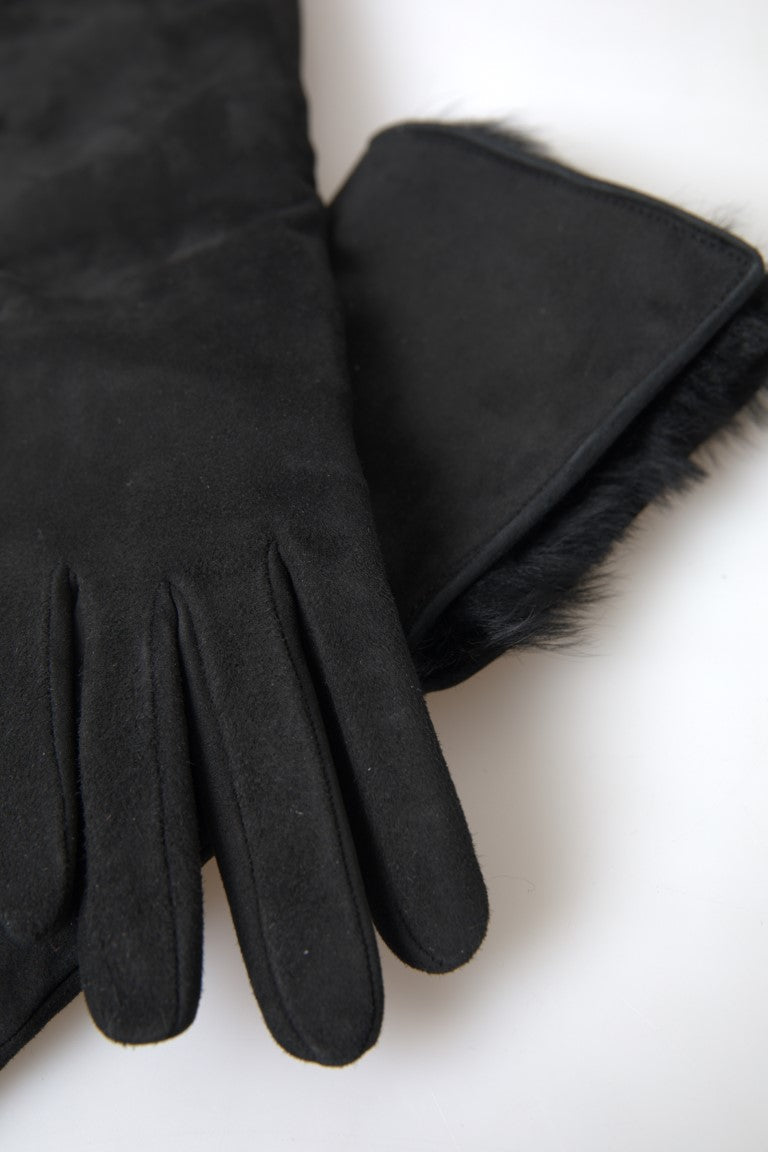 Dolce & Gabbana Schwarzes Leder Pelz Ellenbogenlange Handschuhe