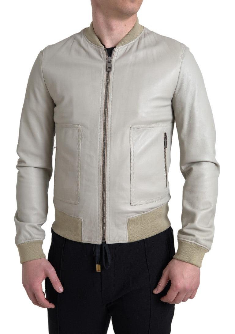 Dolce & Gabbana Cremefarbene Lederbomber-Blousonjacke mit durchgehendem Reißverschluss
