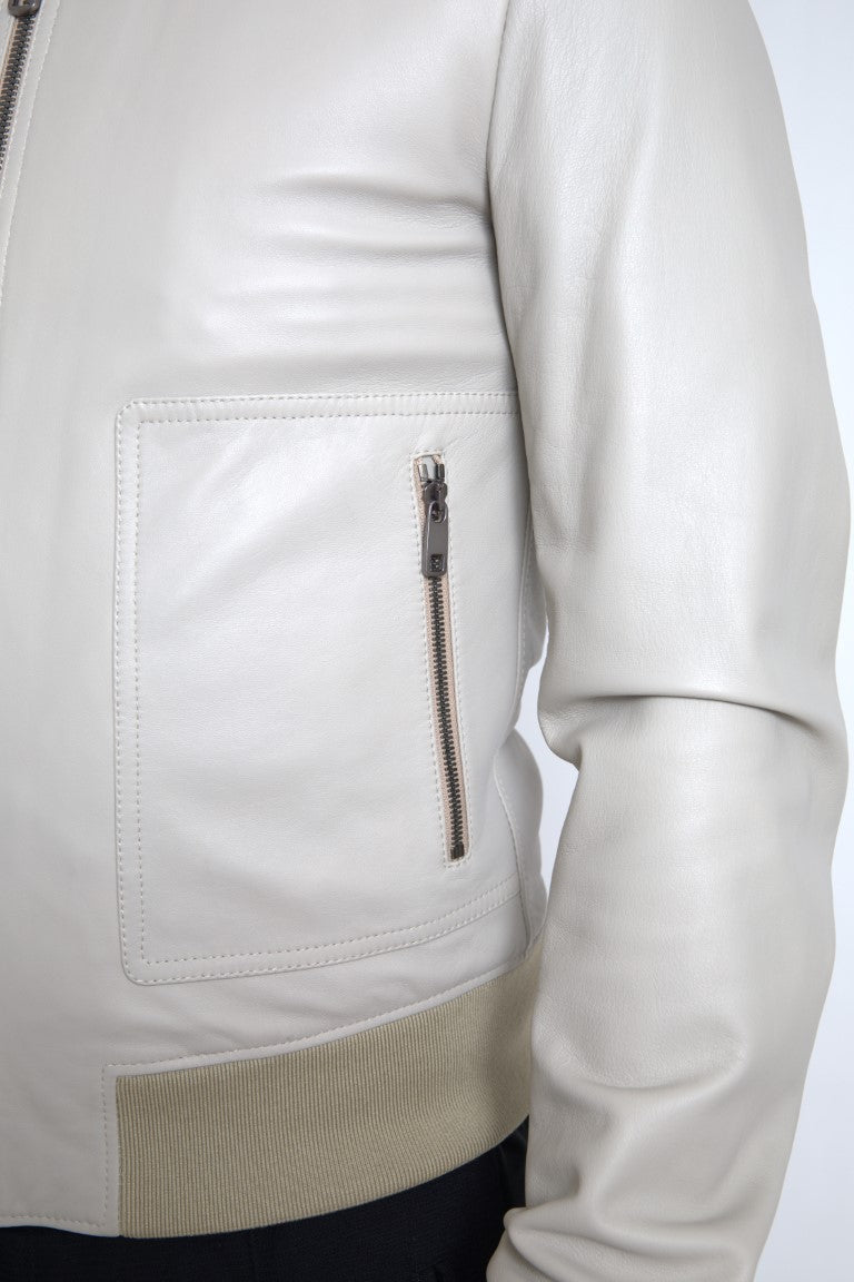 Dolce & Gabbana Cremefarbene Lederbomber-Blousonjacke mit durchgehendem Reißverschluss
