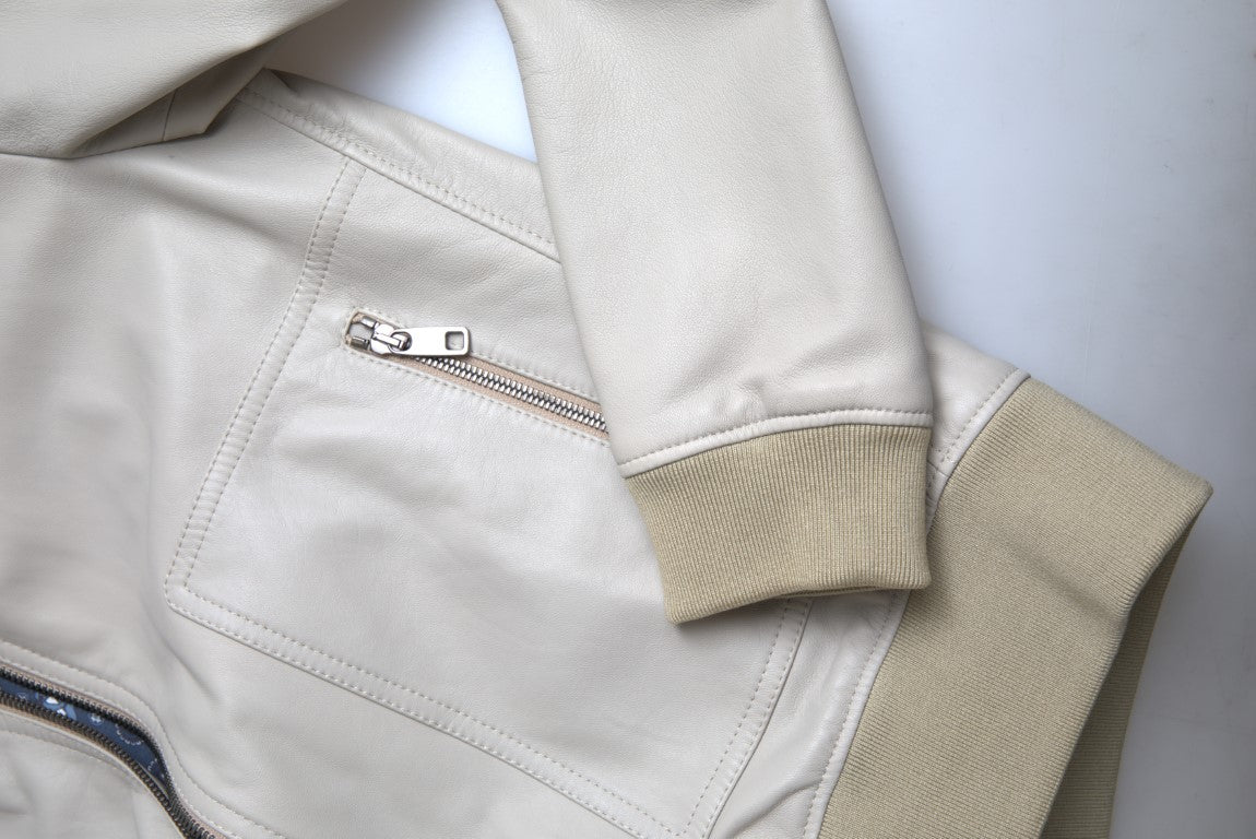 Dolce & Gabbana Cremefarbene Lederbomber-Blousonjacke mit durchgehendem Reißverschluss