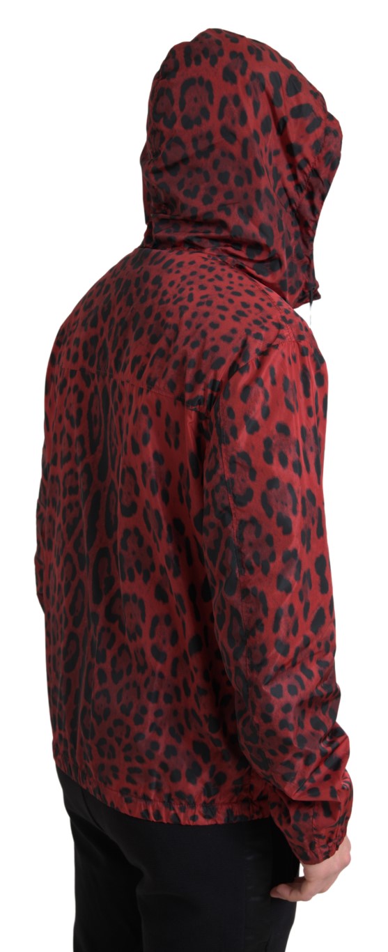Dolce & Gabbana Rote Leoparden-Bomberjacke mit Kapuze und Reißverschluss