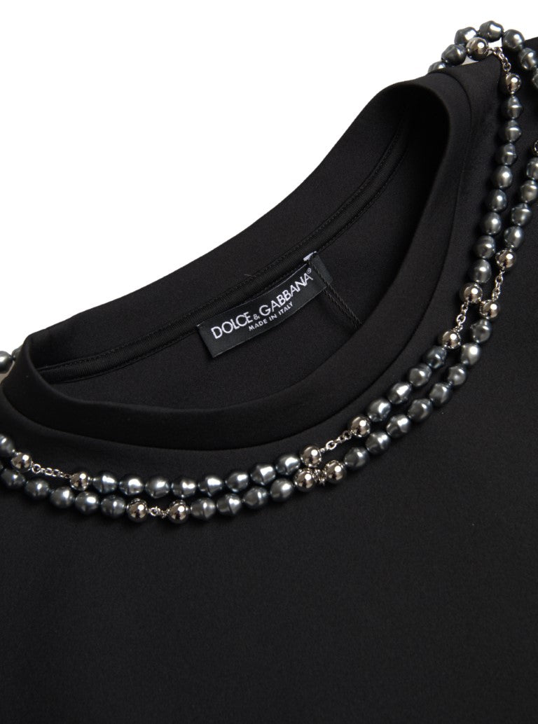 Dolce & Gabbana Schwarzes T-Shirt aus Polyester mit Halskettenverzierung