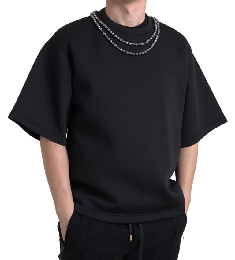 Dolce & Gabbana Schwarzes T-Shirt aus Polyester mit Halskettenverzierung